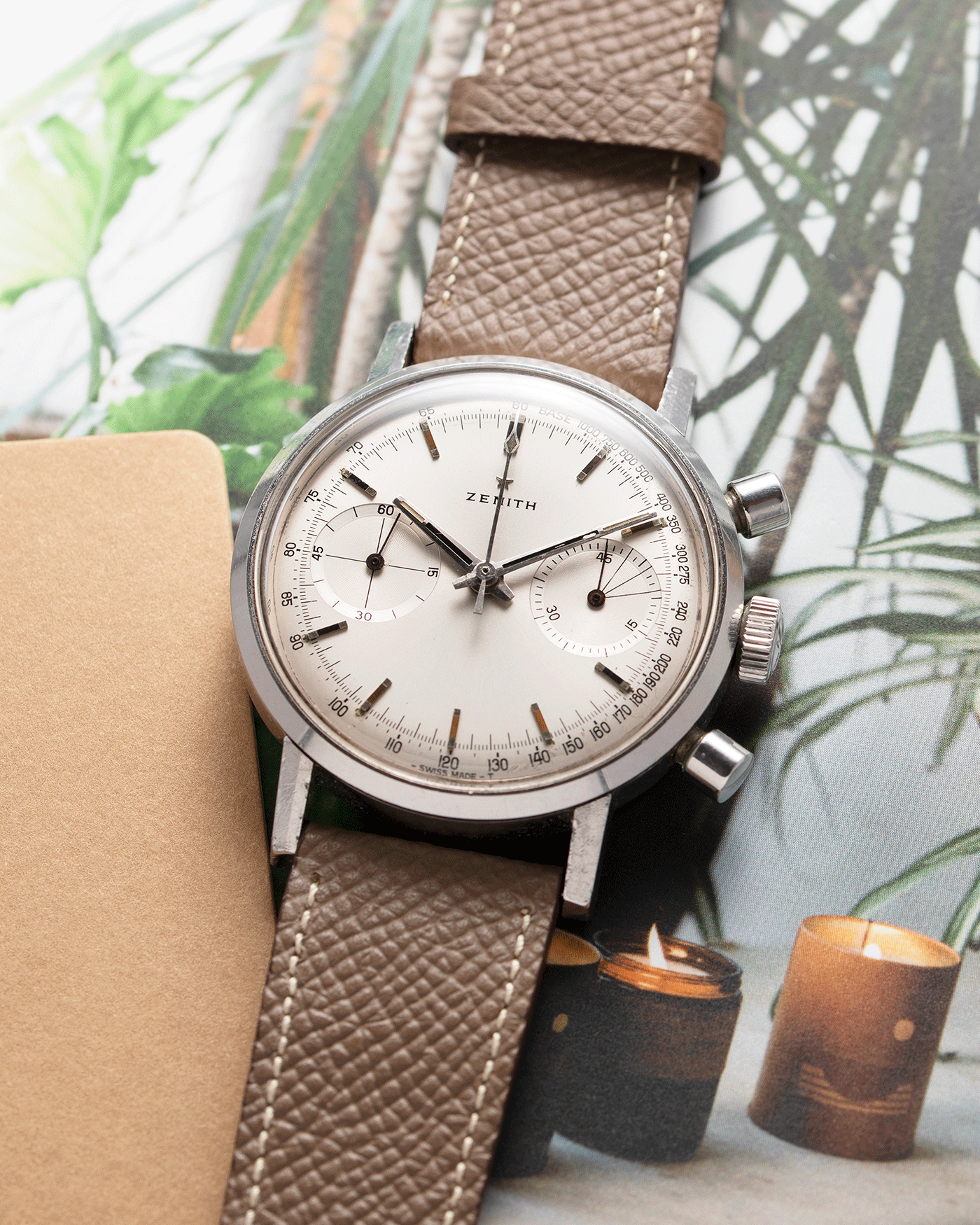 Brand: Zenith Year: 1960’s Model: A271 Reference Number: A271 Material: Stainless Steel Movement: Cal 146DP Case Diameter: 37mm Lug Width: 19mm Strap: Nostime Taupe Grained Calf