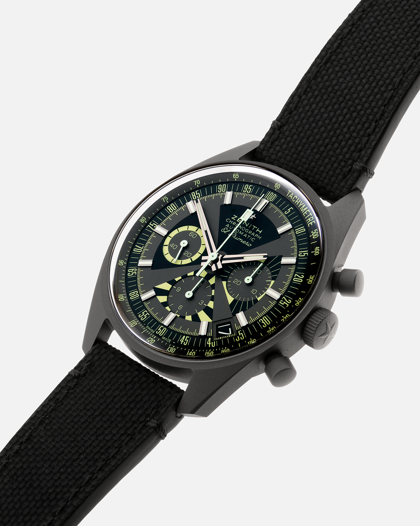 Brand: Zenith Year: 2021 Model: El Primero Chronomaster Revival Poker Chip Material: Titanium Movement: Zenith El Primero 400 Case Diameter: 38mm Strap: Zenith Black Fabric with Titanium Tang Buckle and additional Super Luminova Fabric Strap