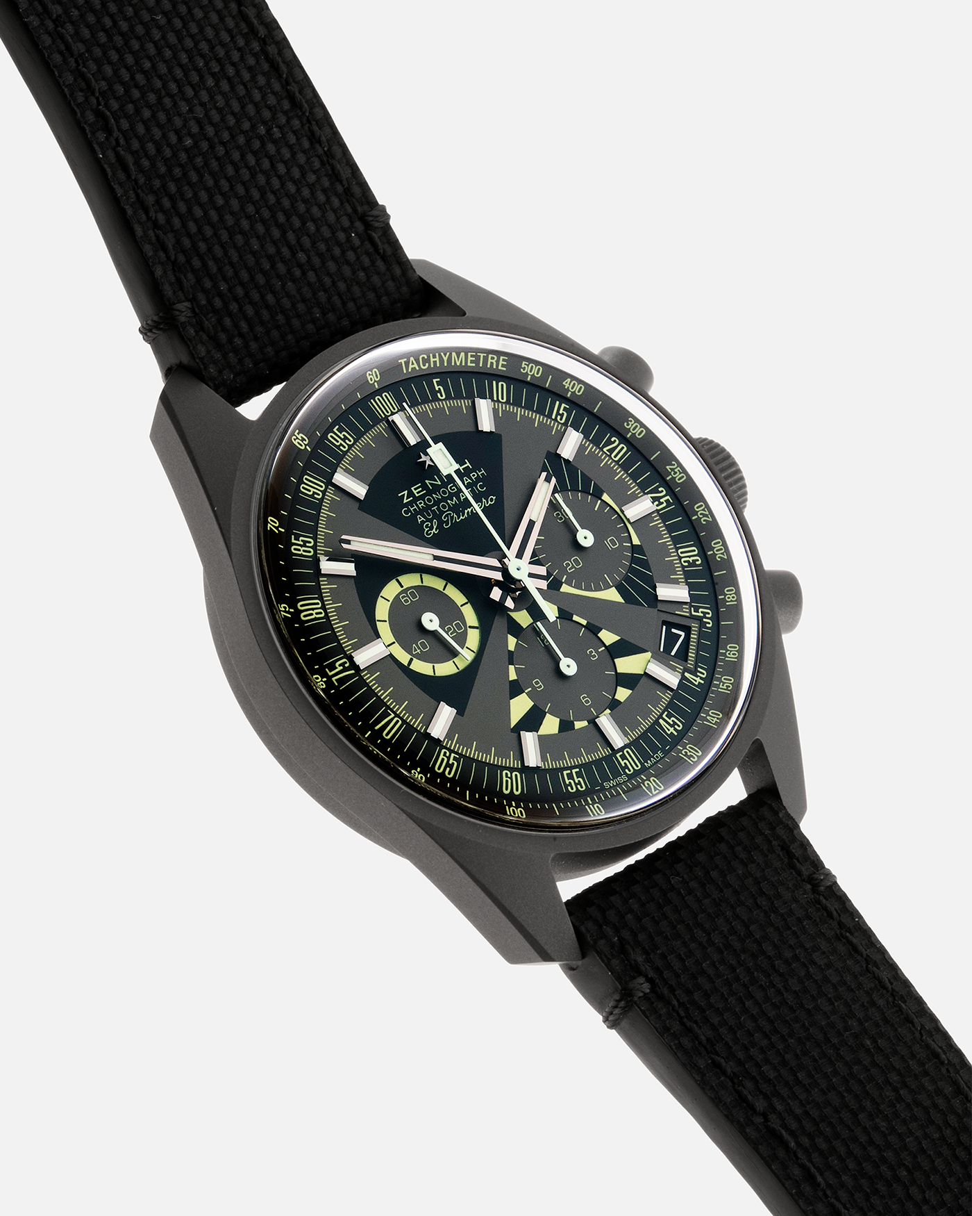 Brand: Zenith Year: 2021 Model: El Primero Chronomaster Revival Poker Chip Material: Titanium Movement: Zenith El Primero 400 Case Diameter: 38mm Strap: Zenith Black Fabric with Titanium Tang Buckle and additional Super Luminova Fabric Strap