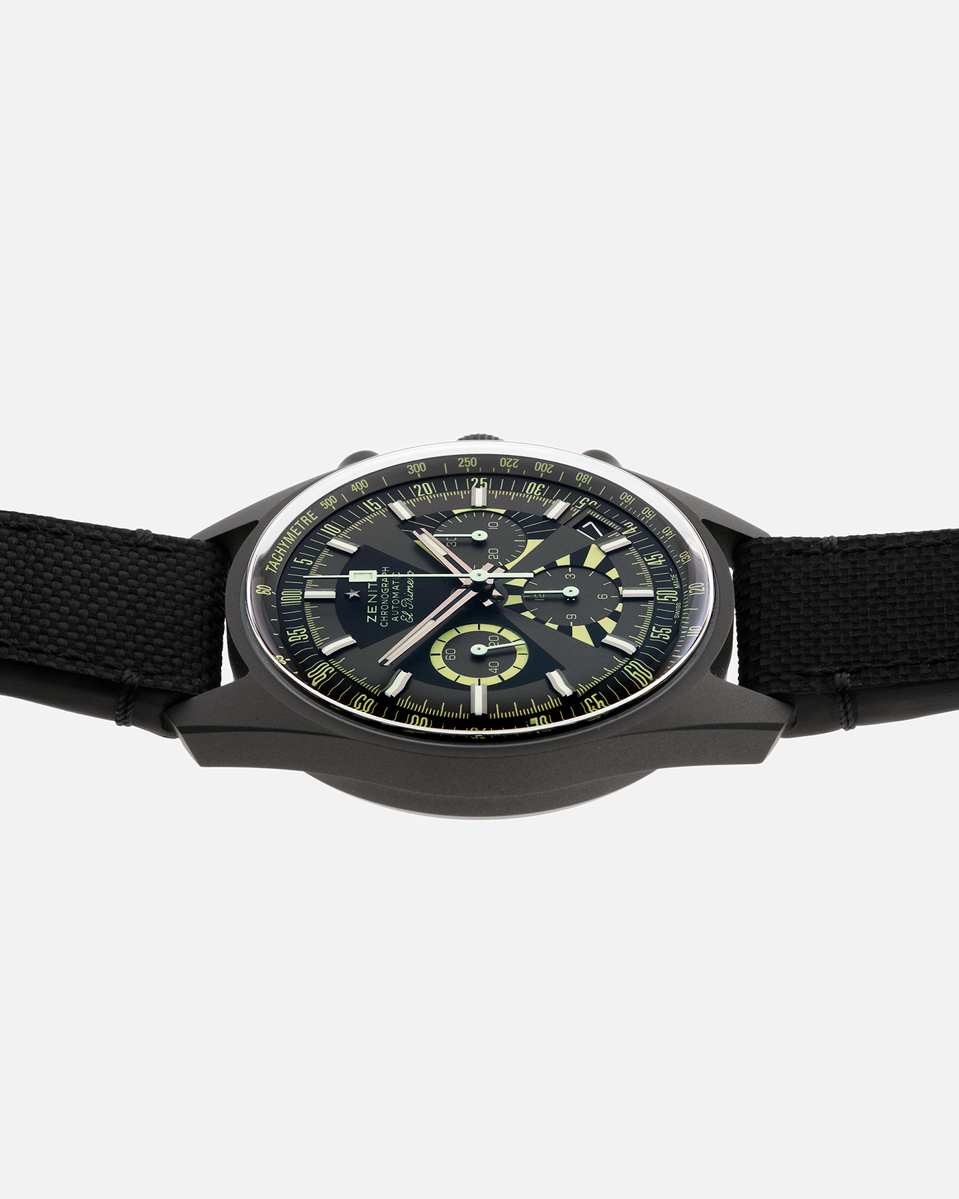 Brand: Zenith Year: 2021 Model: El Primero Chronomaster Revival Poker Chip Material: Titanium Movement: Zenith El Primero 400 Case Diameter: 38mm Strap: Zenith Black Fabric with Titanium Tang Buckle and additional Super Luminova Fabric Strap