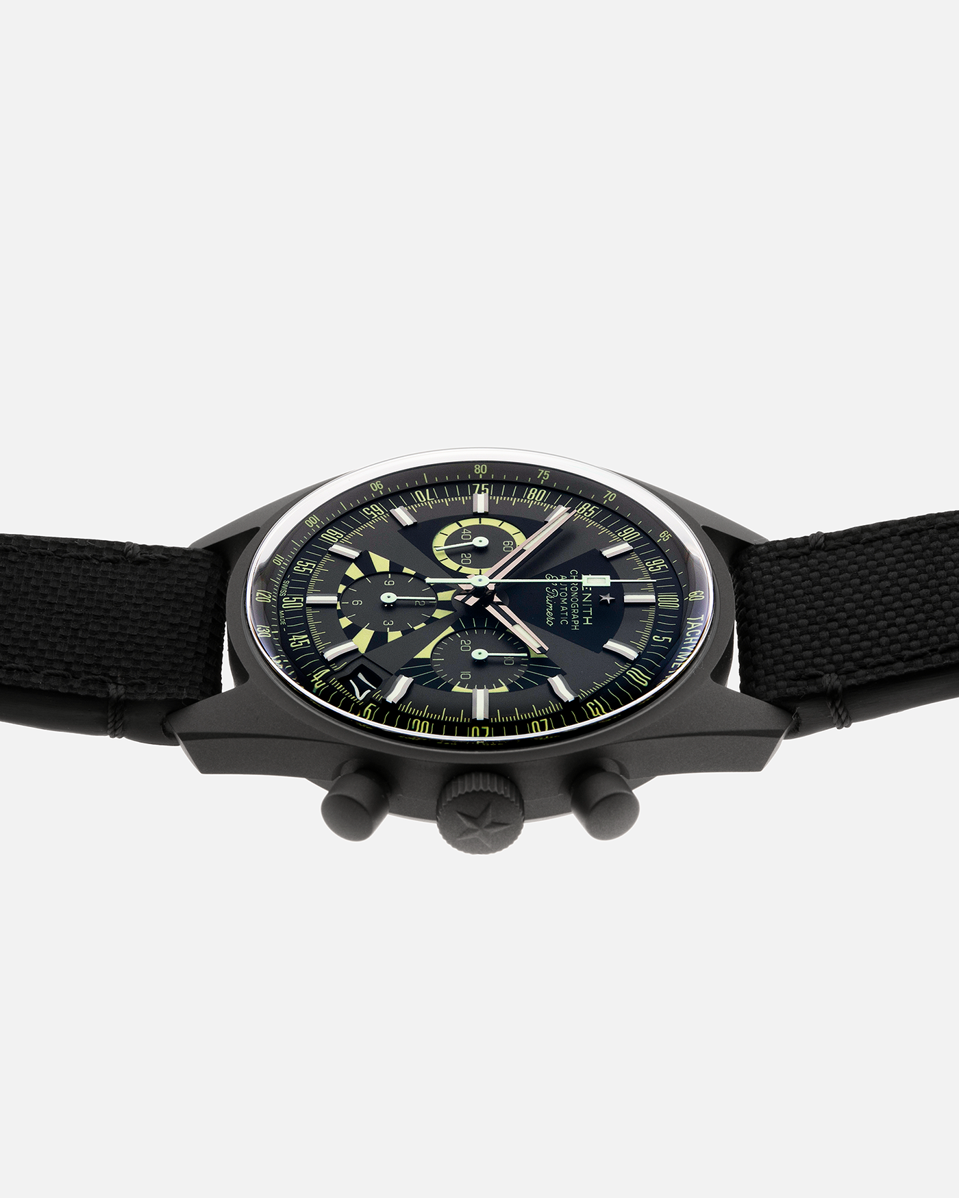Brand: Zenith Year: 2021 Model: El Primero Chronomaster Revival Poker Chip Material: Titanium Movement: Zenith El Primero 400 Case Diameter: 38mm Strap: Zenith Black Fabric with Titanium Tang Buckle and additional Super Luminova Fabric Strap