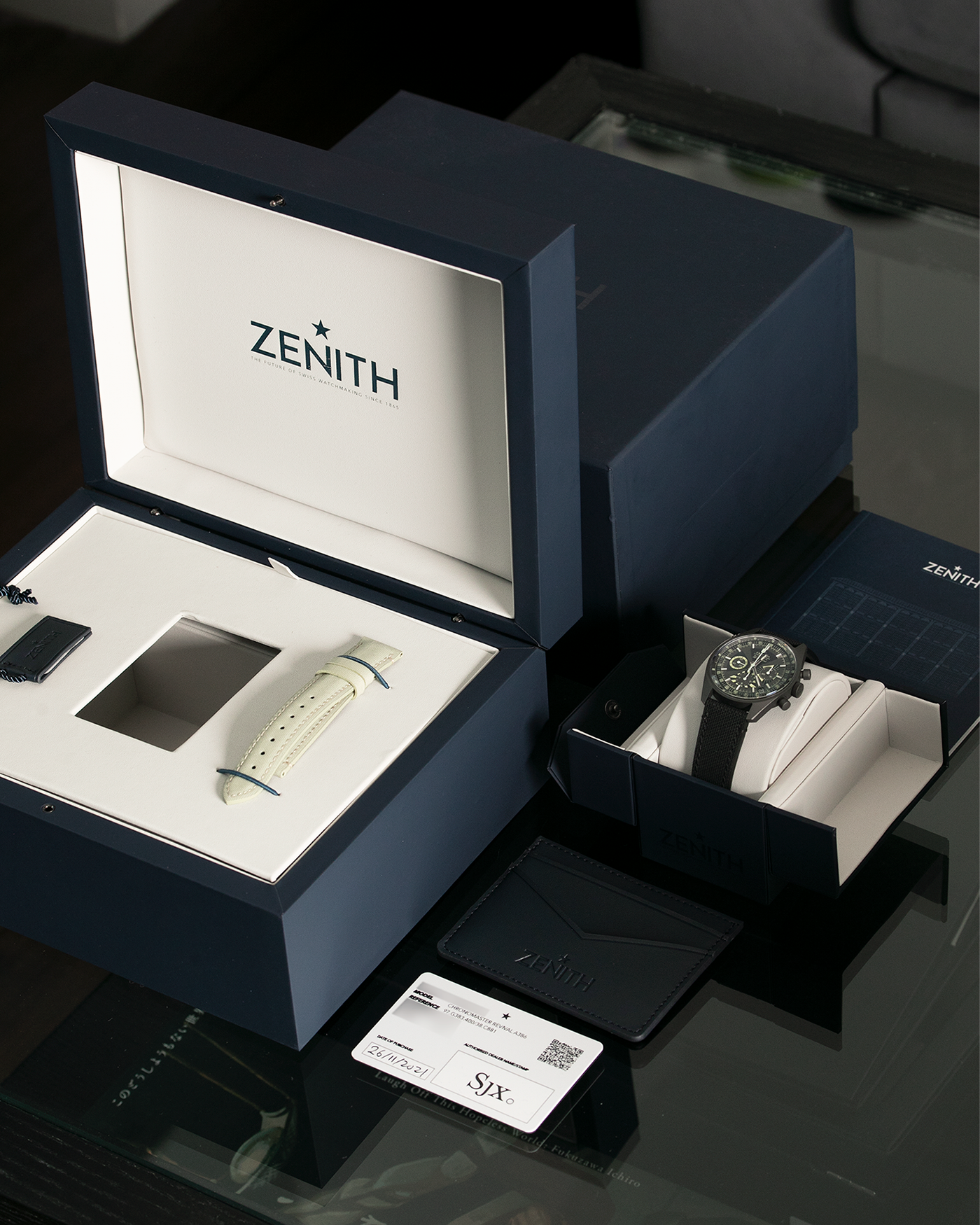 Brand: Zenith Year: 2021 Model: El Primero Chronomaster Revival Poker Chip Material: Titanium Movement: Zenith El Primero 400 Case Diameter: 38mm Strap: Zenith Black Fabric with Titanium Tang Buckle and additional Super Luminova Fabric Strap