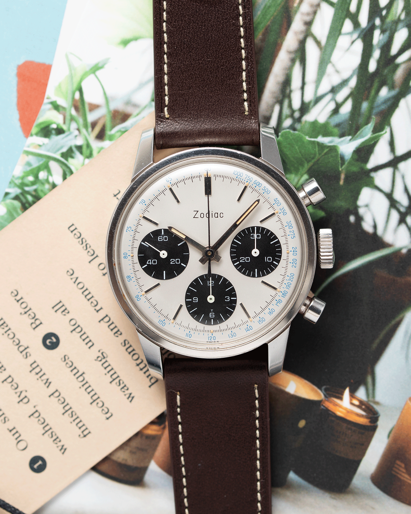 Brand: Zodiac Year: 1960’s Model: Reverse Panda Chronograph Material: Stainless Steel Movement: Valjoux 72 Case Diameter: 36mm Lug Width: 19mm Bracelet/Strap: Molequin Chocolate Brown Smooth Calf